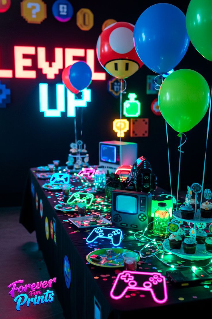 Неоновая игровая зона с джойстиками